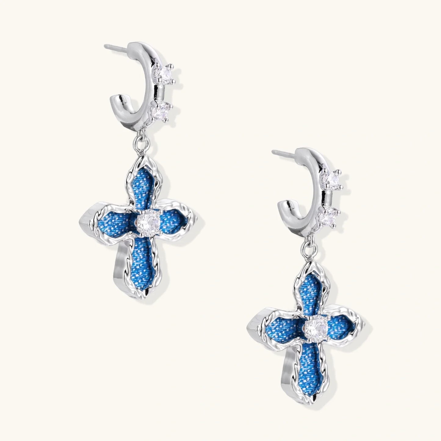 Denim Cross Hoops | Vintage-Americana Statement-Ohrringe