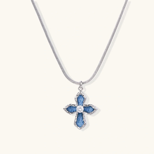 Denim Cross Pendant Necklace, White Gold Plated