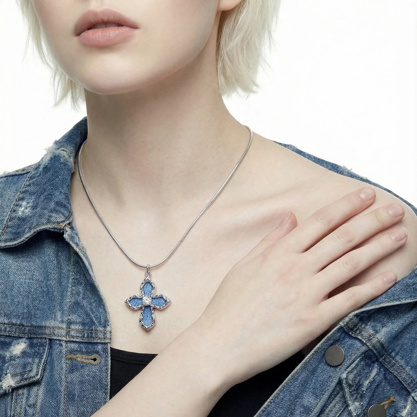 Denim Cross Pendant Necklace, White Gold Plated